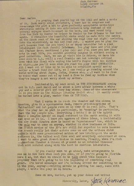 Jack's letter to Marlon Brando, asking him if he would make the movie of 'On The Road'