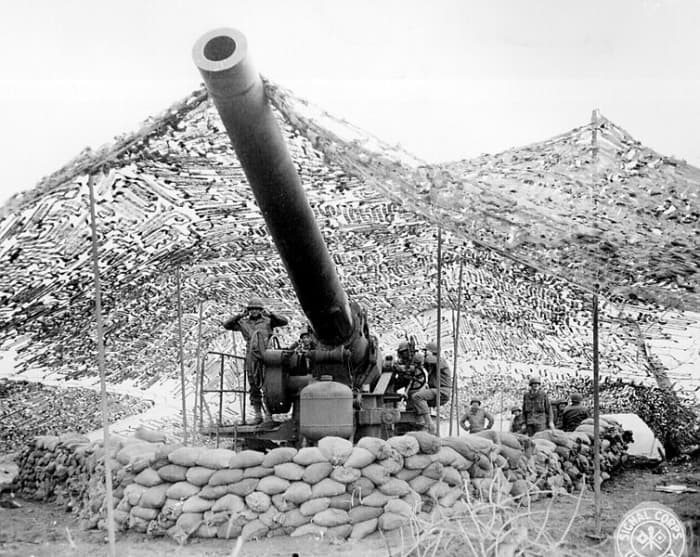 240mm howitzer preparing to fire, January 1944. This was the largest field gun in the U.S. inventory during the War.