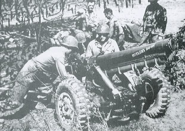 The 105mm M3 is seen above in France, 1944. This smaller version of the 105mm howitzer replaced the 75mm gun in Army airborne units and cannon companies.