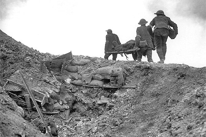 Stretcher bearers recovering a wounded soldier in late September 1916- the final phase of the battle.