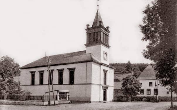 The original Church of St. George, Village of Schonberg. Eric Wood and his convoy passed by here just before crossing the bridge. The photo would have been taken in front of the bridge.