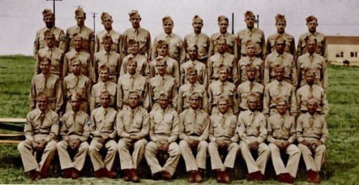 A Battery, 589th Field Artillery, summer 1944, just prior to Wood's transfer into the battery. Ken Knoll is in the back row, far left. Sgt. Scannapico, second row, far right. John Gatens, second row, fifth from the right.