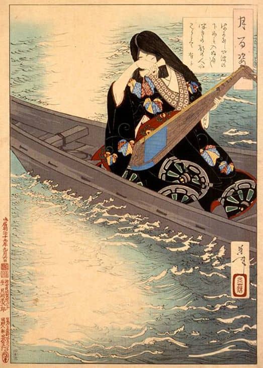 This Meiji Era print depicts Lady Ariko-no-Naishi, a Heian maiden, playing her instrument and weeping over an unrequited lover.