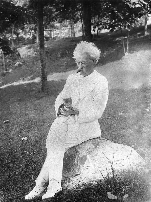 Mark Twain strokes a kitten (1907). Cats were plentiful in Twain's life, and he understood them as creatures that could never be dominated. He wrote, "There's always somebody a king has to obey ... but it ain't so with a cat."
