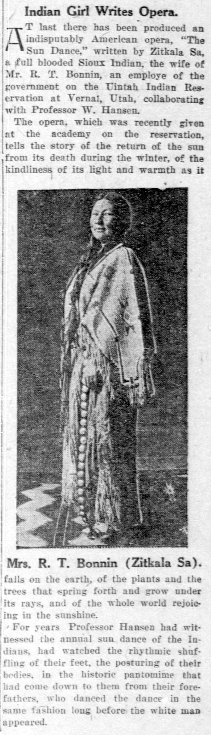 Contemporary 1913 newspaper article about The Sun Dance opera, written by Zitkala-Sa.