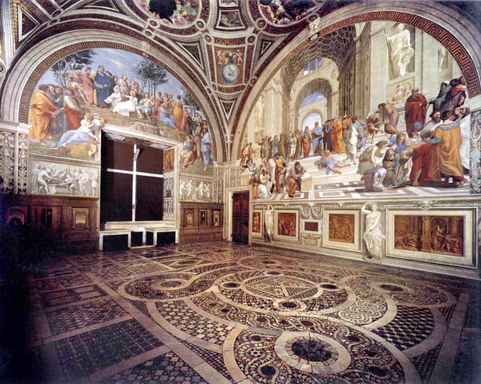 "Stanza della Segnatura", 1511, one of the "Raphael rooms" he painted in the Papal apartments and Sistine Chapel. To the right is his famed "School of Athens" the most famous and renowned fresco painted by Raphael.