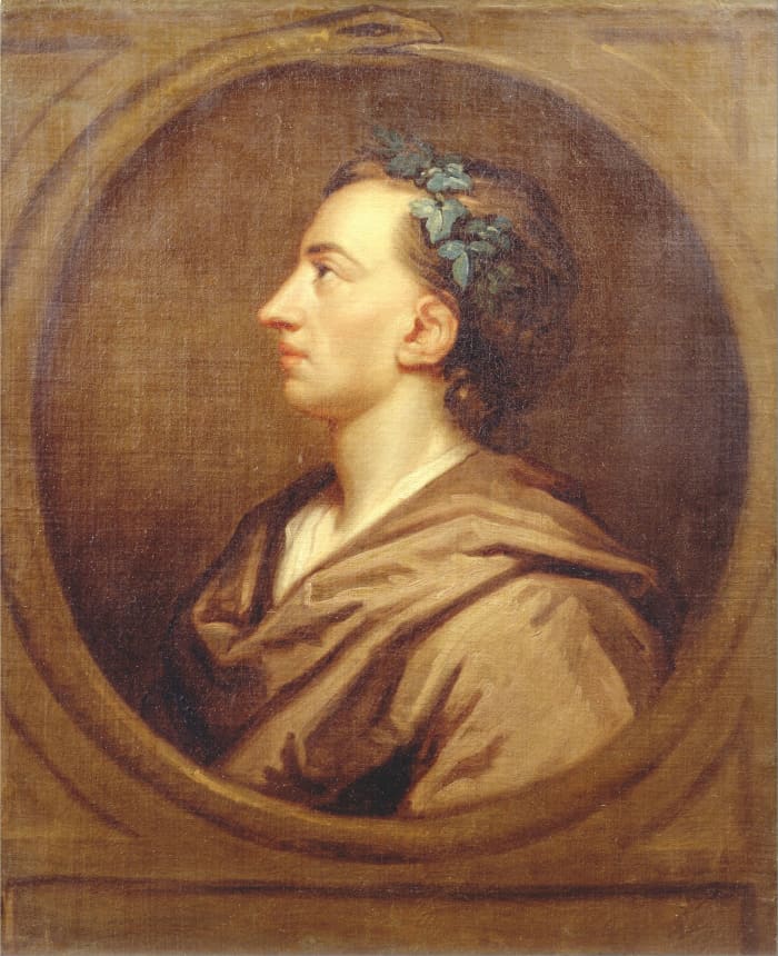 The poet Alexander Pope wearing a crown of ivy; the crown was traditionally associated with a poet of esteem