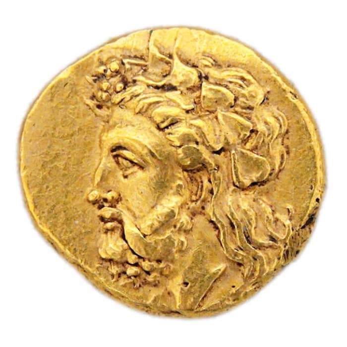 This gold stater from circa 360-340 BC depicts either Dionysus or Priapus (also known as Priapos). He's wearing a crown or wreath of ivy leaves from the reproductive stage of the plant.