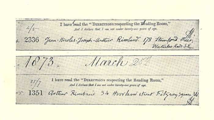 Rimbaud's name appears on these Library reading Room Rules in London 1872-73