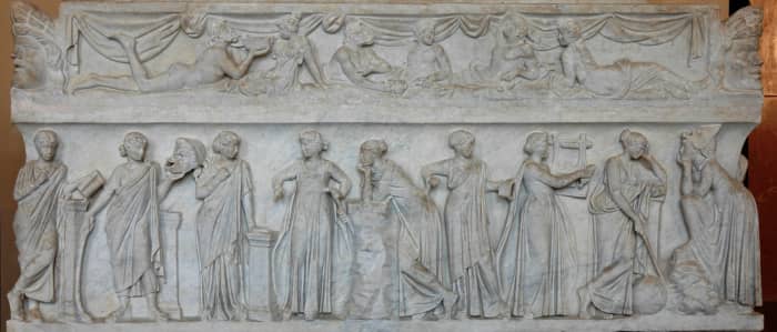 A marble sarcophagus called the "Muses Sarcophagus," represents the nine Muses and their attributes.