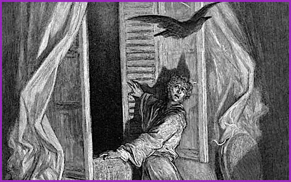 Perhaps Edgar Allan Poe's most famous poem is "The Raven," where a grieving man is visited by a talking raven as he is descending into madness.