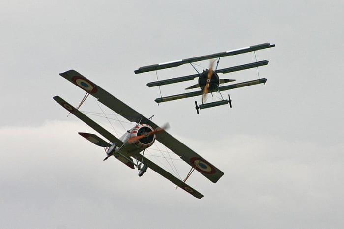 WW1 Dogfight reenactment between a British Nieuport Scout and a German Fokker DR. I (replicas).