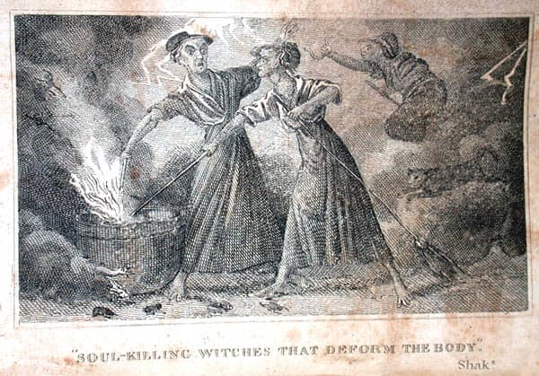 “The soul-killing witches that deform the body”—the image shows two witches stirring a steaming cauldron.