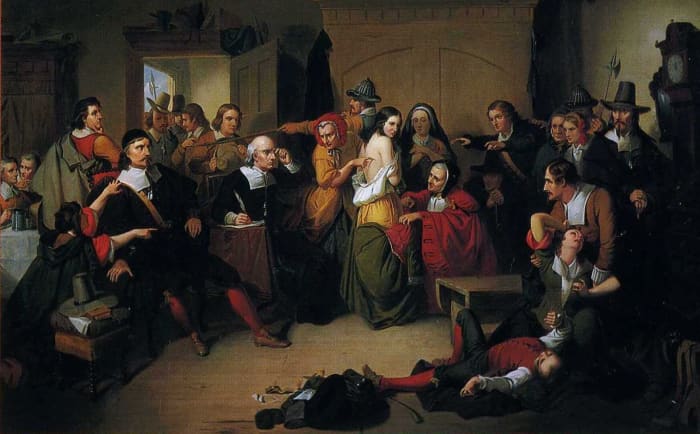 'Examination of a Witch' by Thompkins H. Matteson, 1853. This features how suspected witches were searched for 'witches marks' (e.g., bruises, blemishes, moles, etc.).