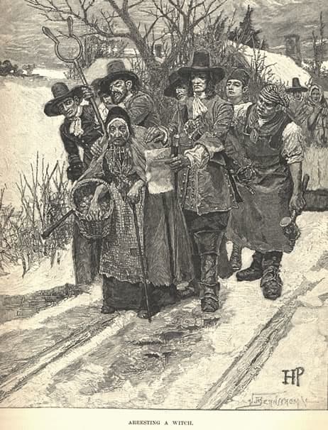 "Arresting a Witch"—a generic scene that shows a woman being arrested for witchcraft, depicted conventionally as an old hag by the famous illustrator Howard Pyle. Harpers New Monthly Magazine, Vol. 67, (June - November), 1883: 221.