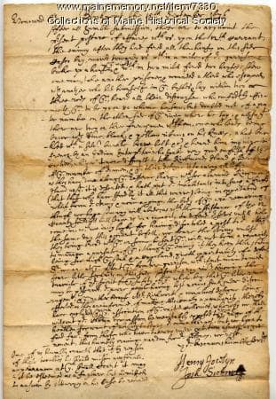 Letter about Indian Raid on Casco Bay, 1676—Henry Jocelyn and Josh Scottow wrote this letter to John Leverett, Governor of Massachusetts, from Blackpoint, Sept. 13, 1676 about an Indian raid on Casco Bay.