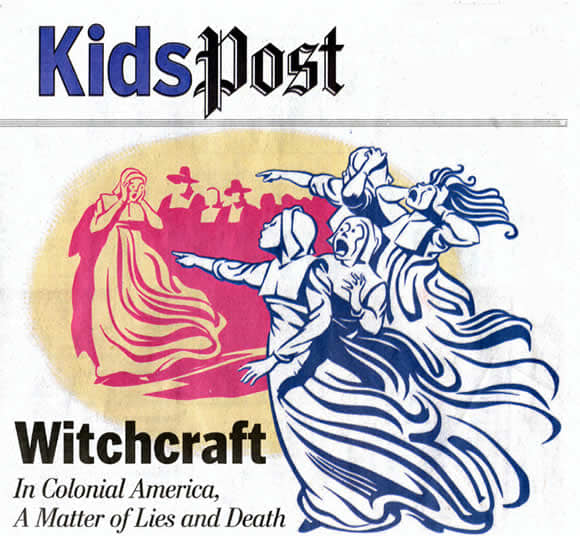 "Witchcraft in Colonial America: a matter of lies and death"—generic scene of the "afflicted" girls in Salem Village accusing a woman of witchcraft.