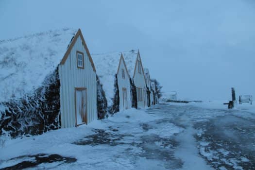 The museum Glumbær, in a cold January. Glumbær was once a wealthy farm in the Skagafjörður area. The original turf buildings have been preserved, and offer visitors a wonderful insight into the old Icelandic way of life.