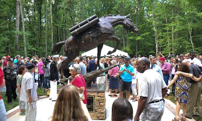 Visitors view the full-size bronze statue of Korean War Horse Staff Sgt. Reckless at the National Museum of the Marine Corps, Triangle, Va., July 26, 2013. The Commandant of the Marine Corps, Gen. James F. Amos, was in attendance.