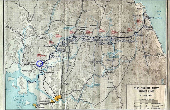 Map of the front line in Korea as of July 1953. Blue circle is the approximate site of the Battle of Vegas Hill (which was part of the Battle of the Nevada Cities) in March 1953.