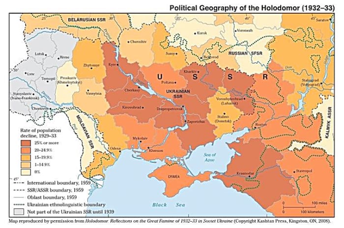 Geographical representation of areas most affected by famine. Notice the famine's severity across the Ukraine.
