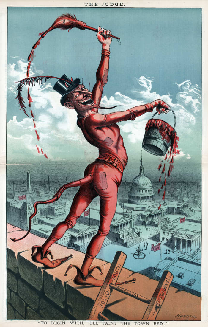 Democracy is portrayed as the devil, holding a can of paint called, "Bourbon Principles," the paintbrush is a caricature of Grover Cleveland. The devil is standing over a wall facing Washington D.C.