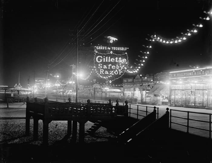 An Gillette neon sign capitalizing on the new phenomenon of self-shaving. (c. 1915)