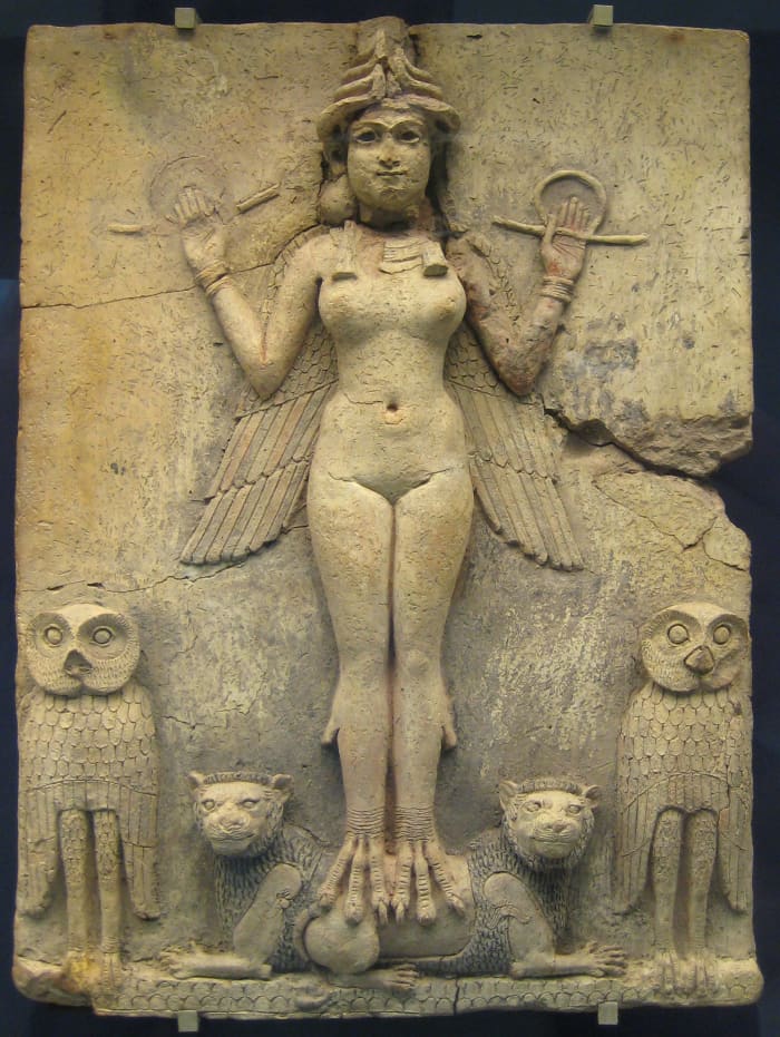 Unknown artist, The Queen of the Night, c. 1792-1750 BCE, Babylonia. terracotta clay relief, 19.4" x 14.5". British Museum, London.