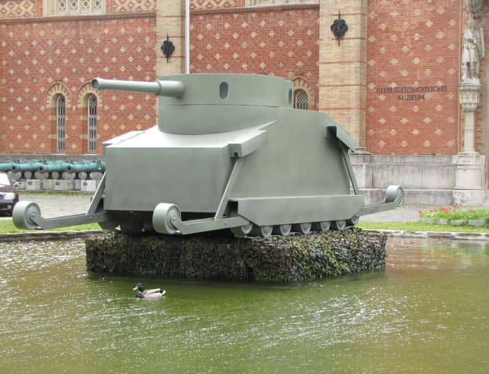 A model of the proposed tank. Perhaps it would have been a revolutionary tank with time and development, but a replacement for cavalry as a reconnaissance force in 1914? Certainly not! Armored cars though....
