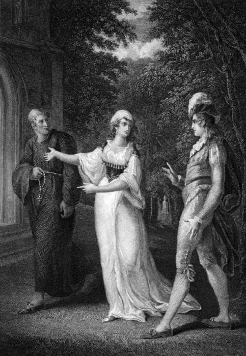 Scene from the play "Twelfth Night" by William Shakespeare: Olivia, Sebastian and a priest. Painting: W. Hamilton; Engraving: W. Angus