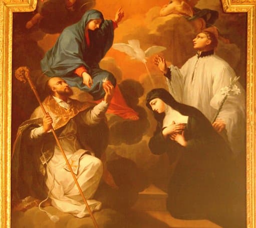 This painting depicts St.Francis de Sales on the left and St. Jane Frances on the right. Together they founded the Order of the Visitation.