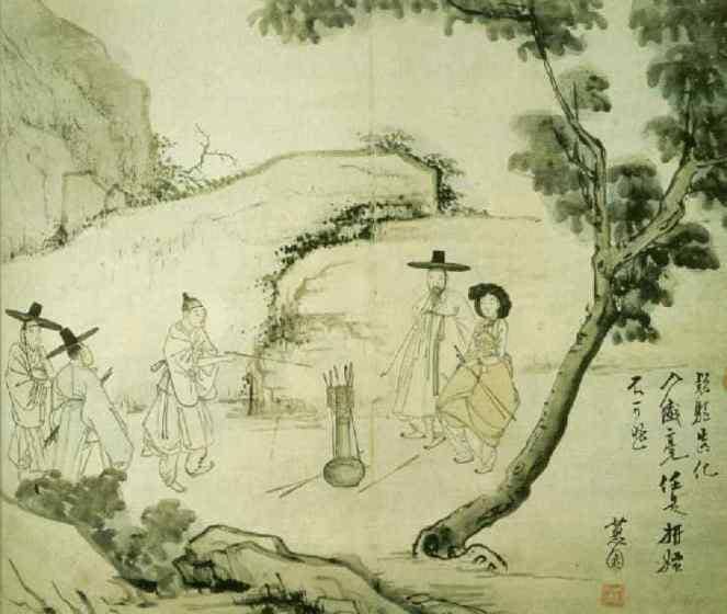 “Playing a tuho game under the forest” from Hyewon pungsokdo by 19th-century Korean painter, Hyewon.
