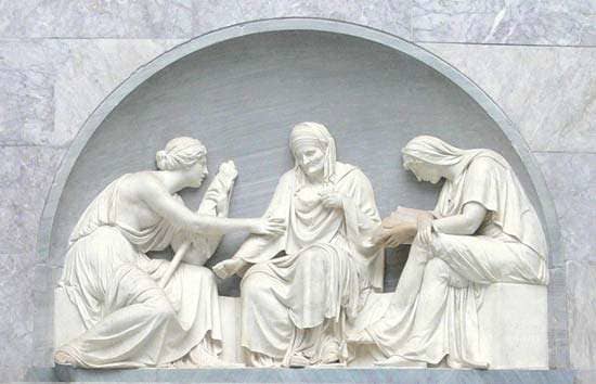 In this sculpture by Gottfried Schadow (1790) the Three Fates spin the fate of human destiny. Augustine opposed the pagan idea of fate as that which determined destiny and said rather that man's destiny is governed by the sovereignty of God.