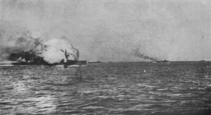 The British battlecruiser Invincible blowing up at the Battle of Jutland, the only large-scale confrontation between capital ships in the Great War, and one which would be an important part of British naval thought for decades to come.