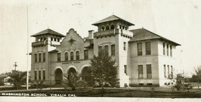 The Washington School in Visalia, California. This may have been the "church on the hill" Wells was talking about in her memoir.