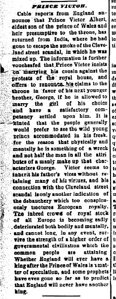 American newspapers, such as this one, referred to Eddy as being "mixed up" in the Cleveland Street Scandal.