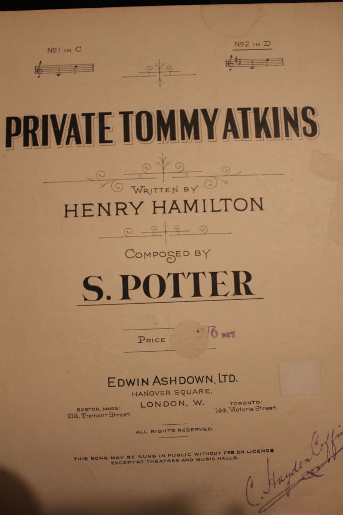Front cover of sheet music, pub 1893, for song "Private Tommy Atkins" composed by Samuel Potter (1851–1934) and Henry Hamilton (c. 1854 – 1918).