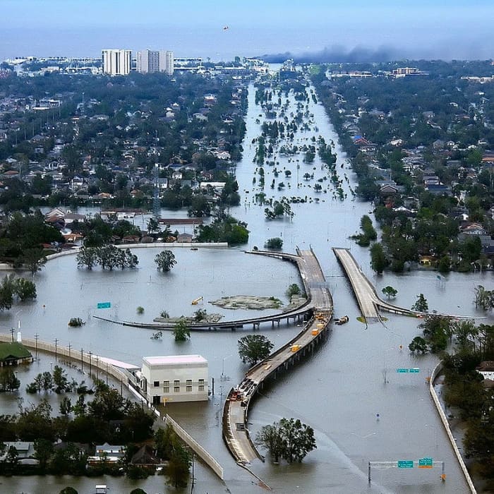 Hurricane Katrina caused massive floods in New Orleans and elsewhere in 2005. Note the drowned freeways and cars stuck on the segments remaining. Floods are also caused by rainstorms, massive snow melts, dam breaks, and clogged pipes.