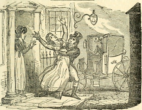 An illustration from the Calendar shows one Samuel Dick abducting Elizabeth Crockatt a crime for which he was executed.