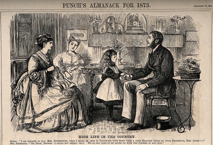 The doctor extols the virtue of vaccinations he has given to the Jones family. The lady of the house retorts that “We do not care to be mixed up with the Joneses in any way.”