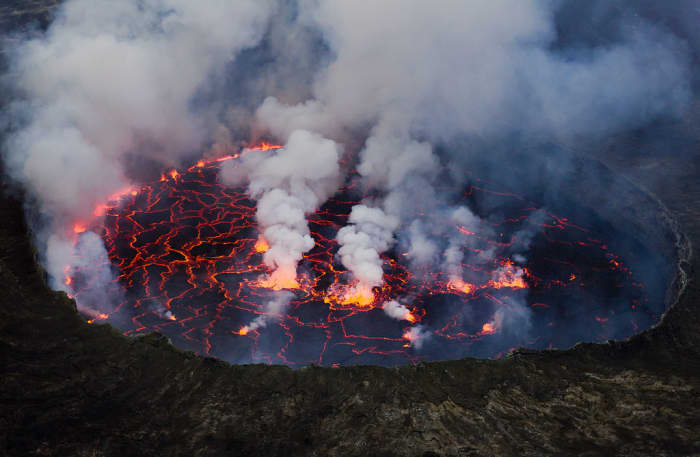 Mount Nyiragonga in the Congo is known for its large lava lake at the summit.