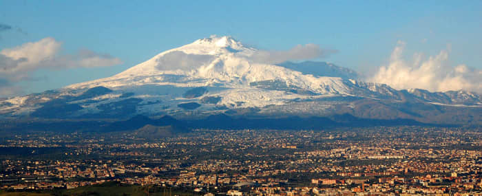 Mt. Etna on the Italian island of Sicily, supports two ski resorts and an active volcano.