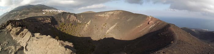 the San Antonio volcano with its classic caldera sits adjacent to the Cumbre Vieja on La Palma, the most geologically active island in the Canaries