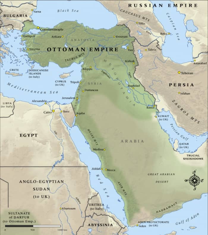 The Ottoman Empire of 1914 was something of a far cry of its previous size but still commanded a respectably large amount of territory.