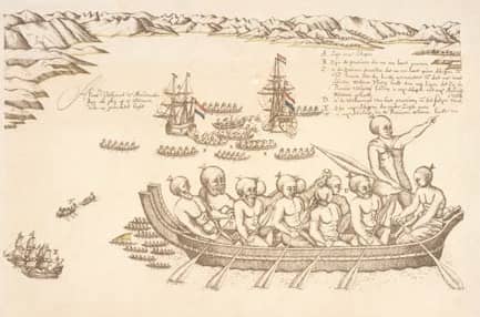 From "Murderer's Bay" (Golden Bay) when Abel Tasman's ships landed in 1642. Meeting the Maori. (public domain)