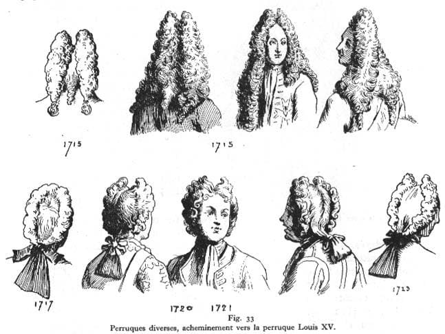 Top Row: Full Bottom Wig.  ---  Bottom Row: "Bob Wig," "Curled Tie Wig," or "Campaign Wig."