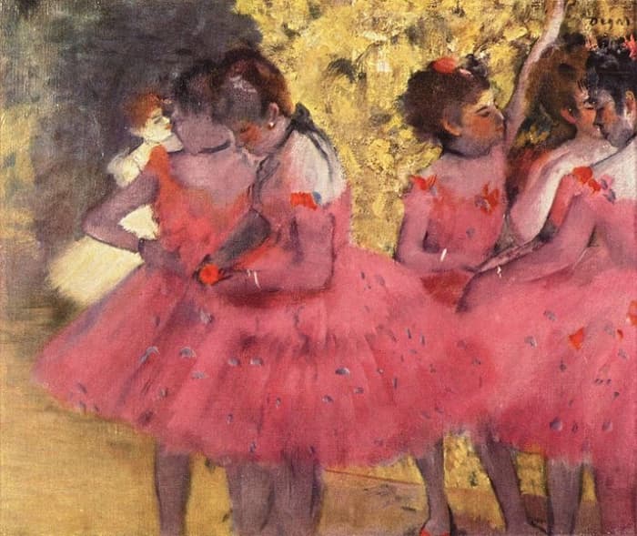Dancers in Pink between scenes, 1884 by Edgar Degas. This painting hangs in the Ny Carlsberg Glypotek in Copenhagen. Image courtesy of Wiki Commons