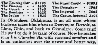 Above: The Chrysler 6. Below: Found in the Pittsburgh Press, June 4, 1925. Compare the cost of purchasing a new car in 1925 with what it costs today.