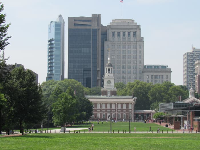 View of Independence Hall from the north end of Independence Mall. Philadelphia, Pennsylvania.