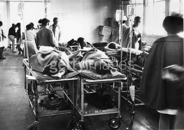 June 1976: Injured people waiting for treatment during the revolt in Baragwanath Hospital. This was part of the chaos the was taking place in the Emergency Room